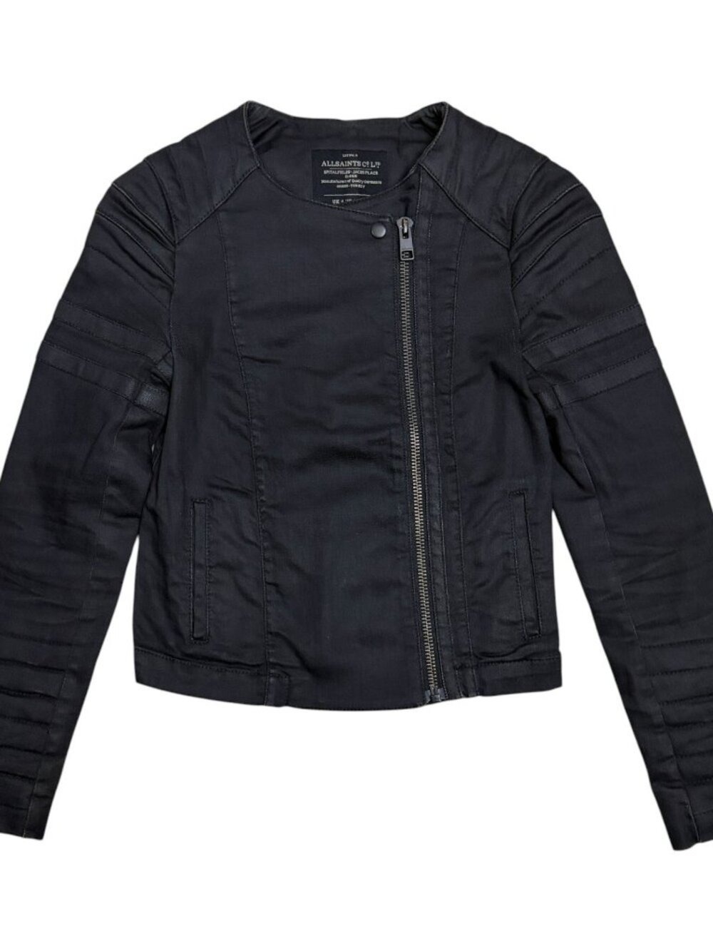 All Saints Denim Jean Jacket Luxury Cropped Black Moto Coat Womens Size 0